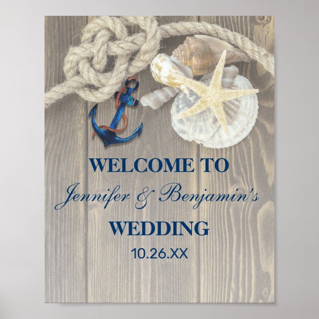 Póster Rustic Beach Shell Navy Anchor Nautical Wedding (Frente)
