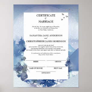 Póster Rustic Blue Pine Certificate of Marriage Keepsake