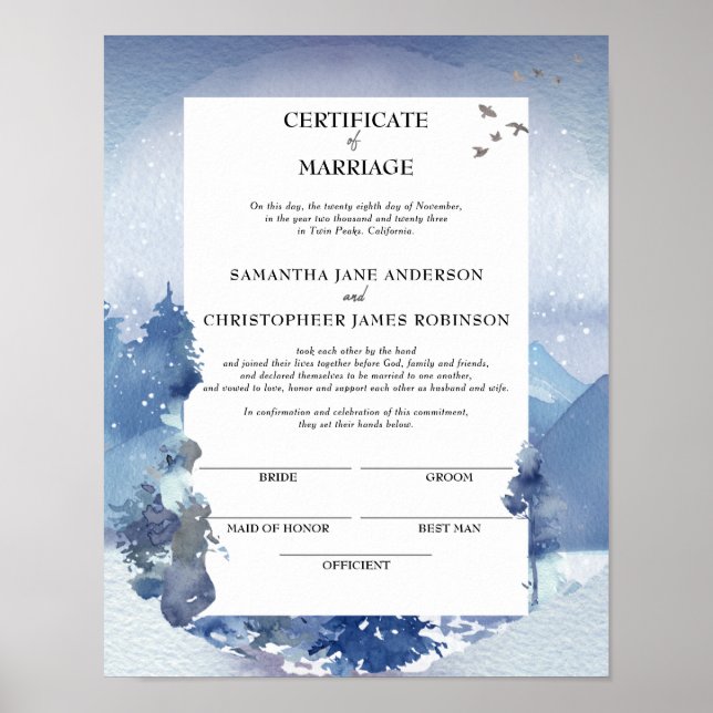 Póster Rustic Blue Pine Certificate of Marriage Keepsake (Frente)