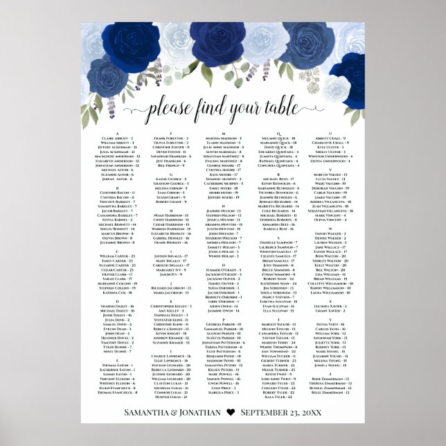 Póster Rustic Blue Roses Wedding Seating Chart A1 Size (Frente)