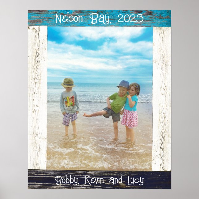 Póster Rustic Blue White Beach Wood Text Photo Frame (Frente)