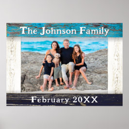 Póster Rustic Blue Wood Frame Family Name Photo