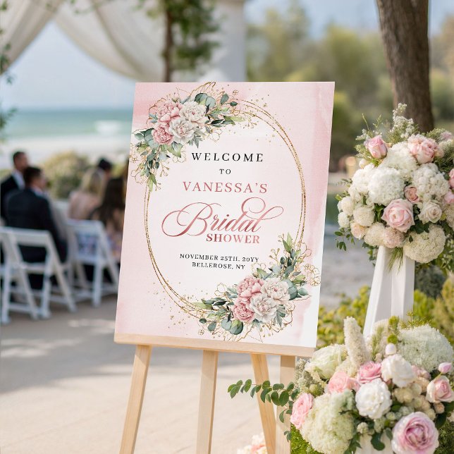 Póster Rustic Blush Pink Flowers Eucalyptus Gold Welcome (Rustic Blush Pink Flowers Eucalyptus Gold Welcome)