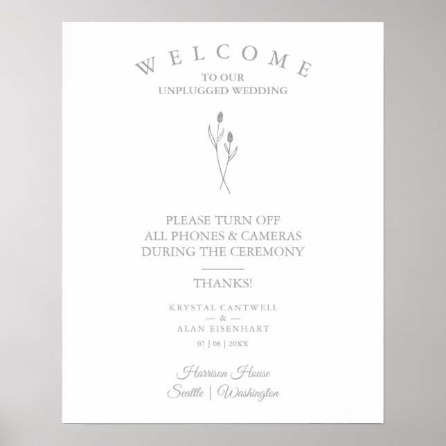 Póster Rustic Botanical Simple Wedding Unplugged Ceremony (Frente)