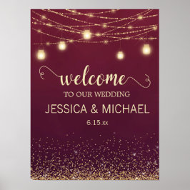 Póster Rustic Burgundy Gold Glitter String Lights Wedding