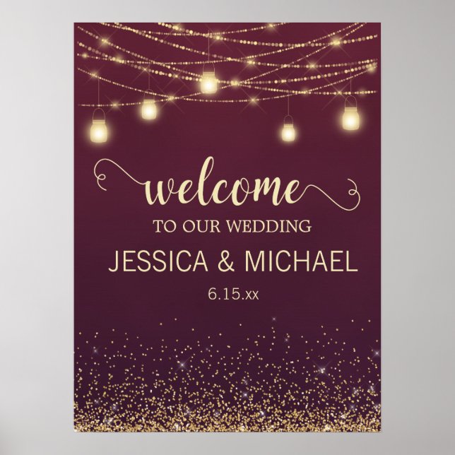Póster Rustic Burgundy Gold Glitter String Lights Wedding (Frente)