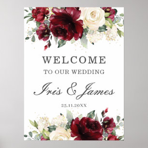 Póster Rustic Burgundy Ivory Floral Wedding Welcome Sign