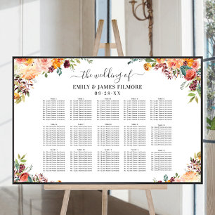 Póster Rustic Burgundy Peach Fall Floral Wedding Seating