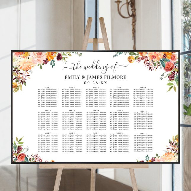 Póster Rustic Burgundy Peach Fall Floral Wedding Seating (Subido por el creador)