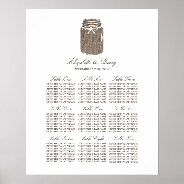 Póster Rustic Burlap Mason Jar Wedding Seating Chart (Frente)