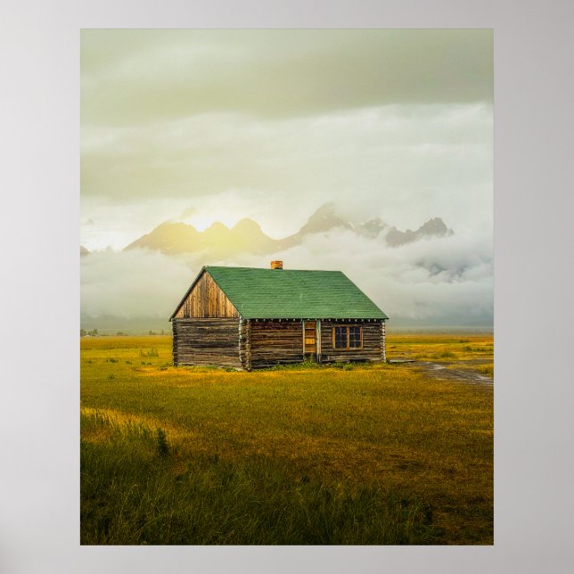 Póster Rustic Cabin at Sunrise – Grand Teton National Par (Frente)