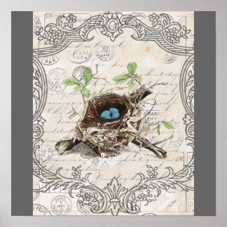 Póster rustic chic french country botanical bird nest