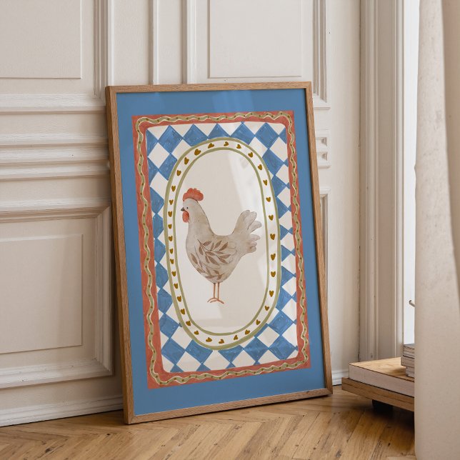 Póster Rustic Chicken Illustration  (Farmhouse chicken wall art for nursery with colorful vintage hen illustration)