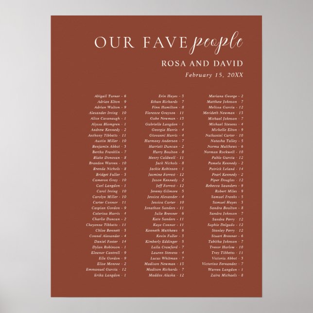 Póster Rustic Copper Modern Wedding Seating Chart (Frente)
