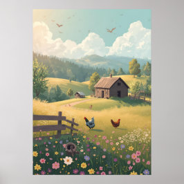 Póster Rustic Countryside Cabin with Wildflowers