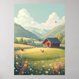 Póster Rustic Countryside Cabin with Wildflowers