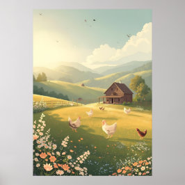 Póster Rustic Countryside Cabin with Wildflowers