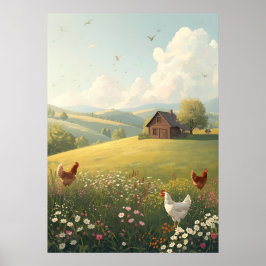 Póster Rustic Countryside Cabin with Wildflowers