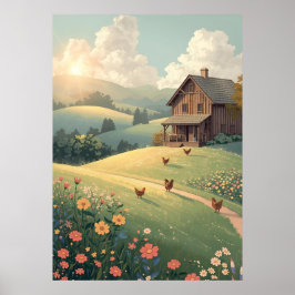 Póster Rustic Countryside Cabin with Wildflowers
