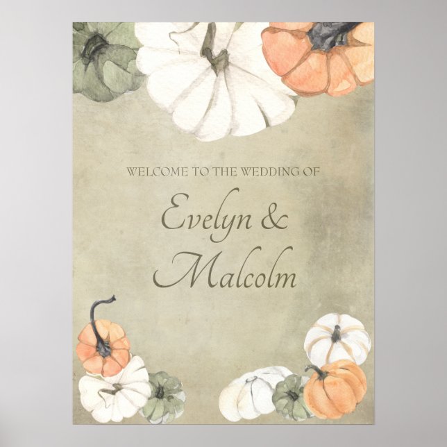 Póster Rustic Fall Autumn White, Orange Pumpkins Wedding (Frente)