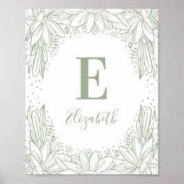 Póster Rustic floral baby monogram. Country green nursery