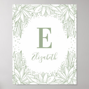 Póster Rustic floral baby monogram. Country green nursery