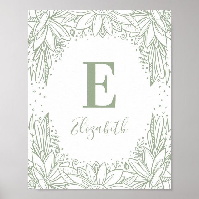 Póster Rustic floral baby monogram. Country green nursery (Frente)