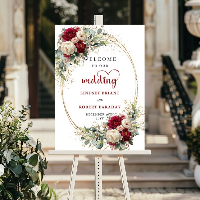Póster Rustic floral greenery gold wedding welcome sign  (Rustic floral greenery gold wedding welcome sign board

)