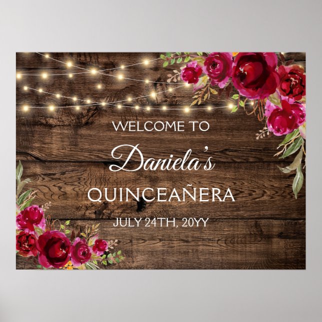 Póster Rustic Floral Welcome to Quinceañera 15th Birthday (Frente)