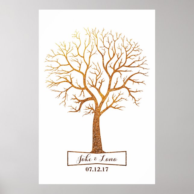 Póster Rustic Gold Tree Thumbprint Wedding Guestbook (Frente)