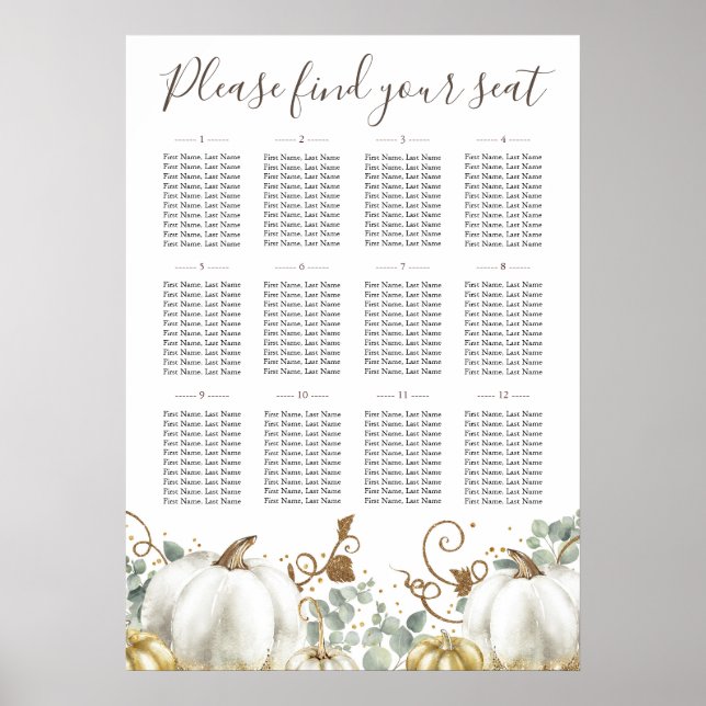 Póster Rustic Gold White Pumpkins Wedding Seating Chart (Frente)