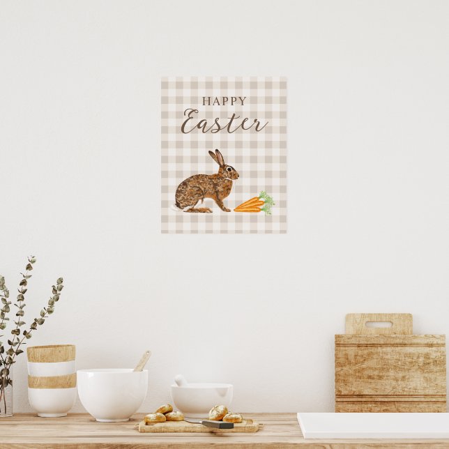Póster Rustic Hare And Carrots Happy Easter Beige Gingham (Cocina)