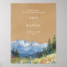 Póster Rustic Kraft Mountain Floral Wedding Welcome Sign