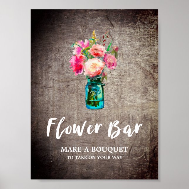 Póster Rustic Mason Jar y Flowers Bouquet Flower Bar (Frente)