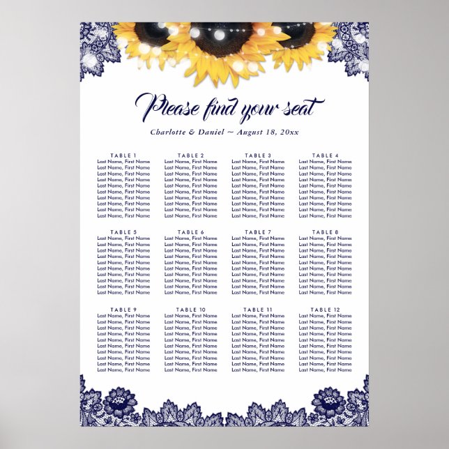 Póster Rustic Navy Blue Lace Sunflower Seating Chart 12 (Frente)