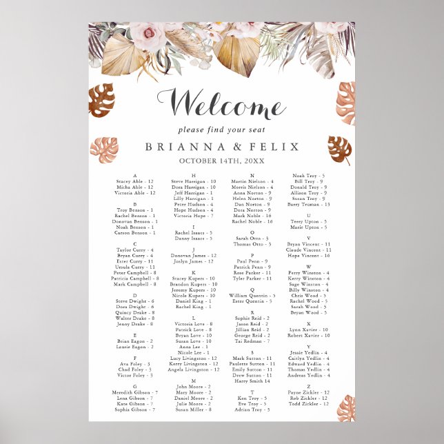 Póster Rustic Neutral Boho Wedding Seating Chart (Frente)