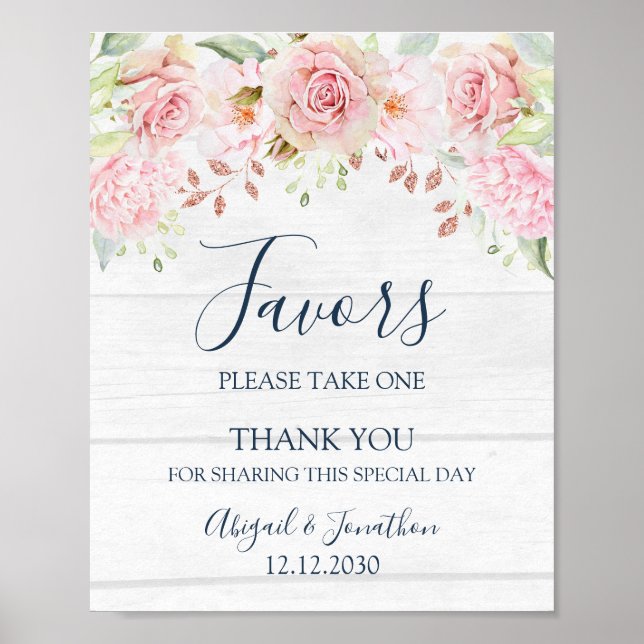 Póster Rustic Pink Floral Spring Wedding Favors Sign (Frente)