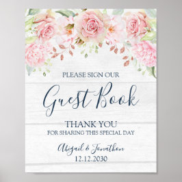 Póster Rustic Pink Floral Spring Wedding Guest Book Sign
