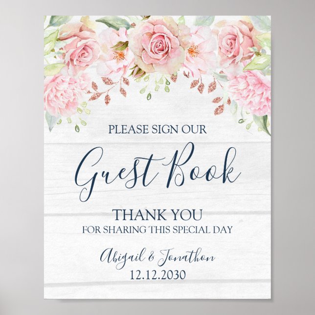 Póster Rustic Pink Floral Spring Wedding Guest Book Sign (Frente)