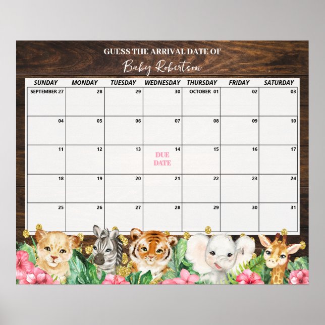Póster Rustic Pink Safari Baby Guess Due Date Calendar (Frente)