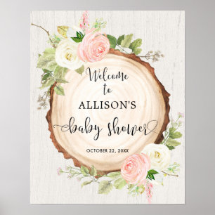 Póster Rustic pink white floral baby shower welcome sign