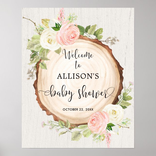 Póster Rustic pink white floral baby shower welcome sign (Frente)