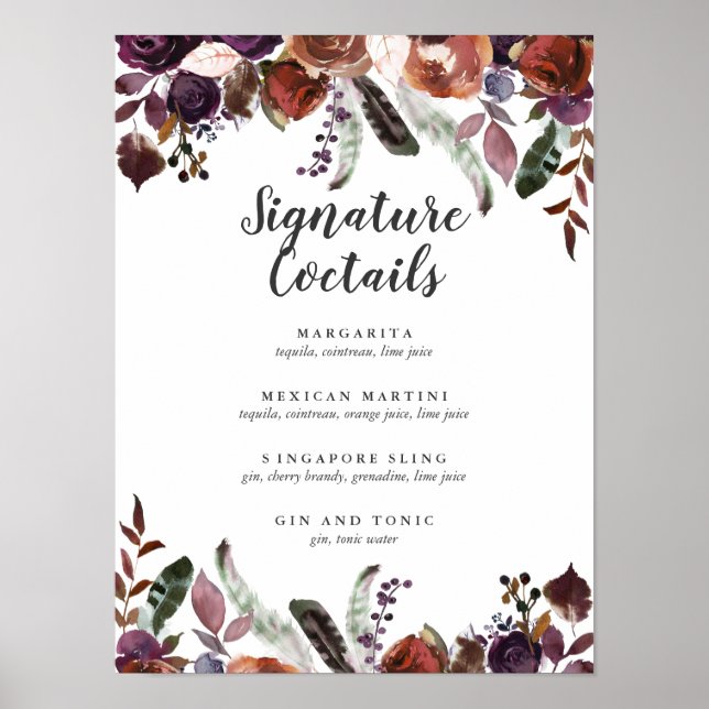 Póster Rustic Plum | Menú de Cóctel de Firma de Boda (Frente)