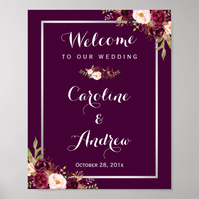 Póster Rustic Plum Purple Floral Welcome Wedding Sign (Frente)