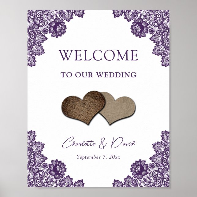 Póster Rustic Purple Burlap Lace Wedding Reception Sign (Frente)