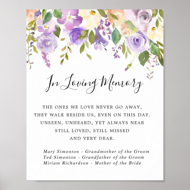 Póster Rustic Purple Floral Wedding Memorial Sign (Frente)