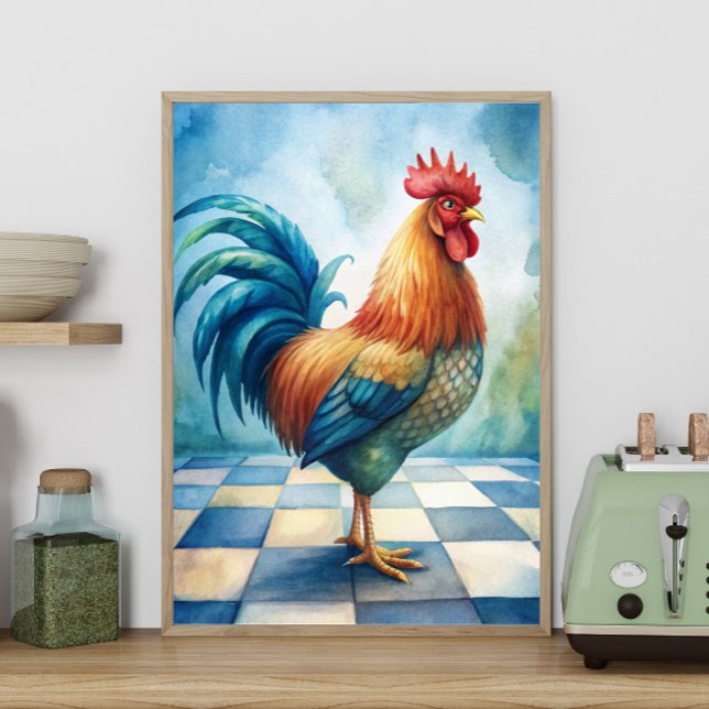 Póster Rustic Rooster Country Farmhouse Kitchen  (Rooster country kitchen poster)