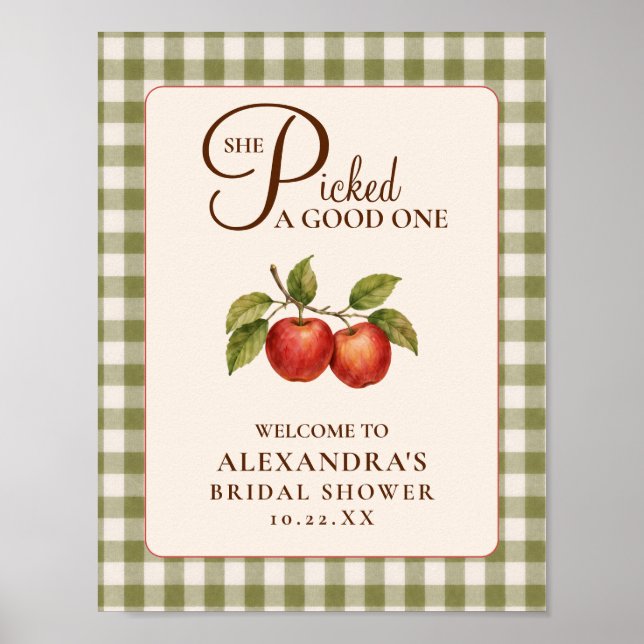 Póster Rustic Sage Green Gingham Apple Bridal Shower (Frente)