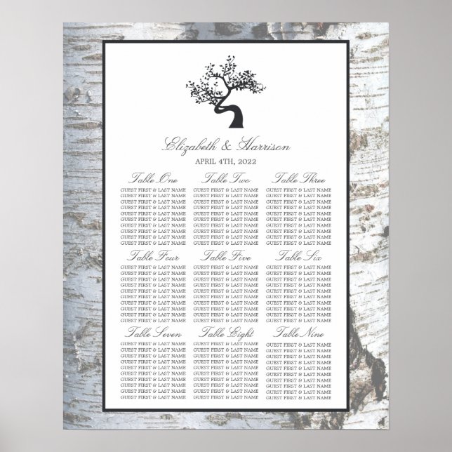 Póster Rustic Silver Birch Tree Wedding Seating Chart (Frente)