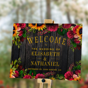 Póster Rustic sunflower and roses wedding welcome sign